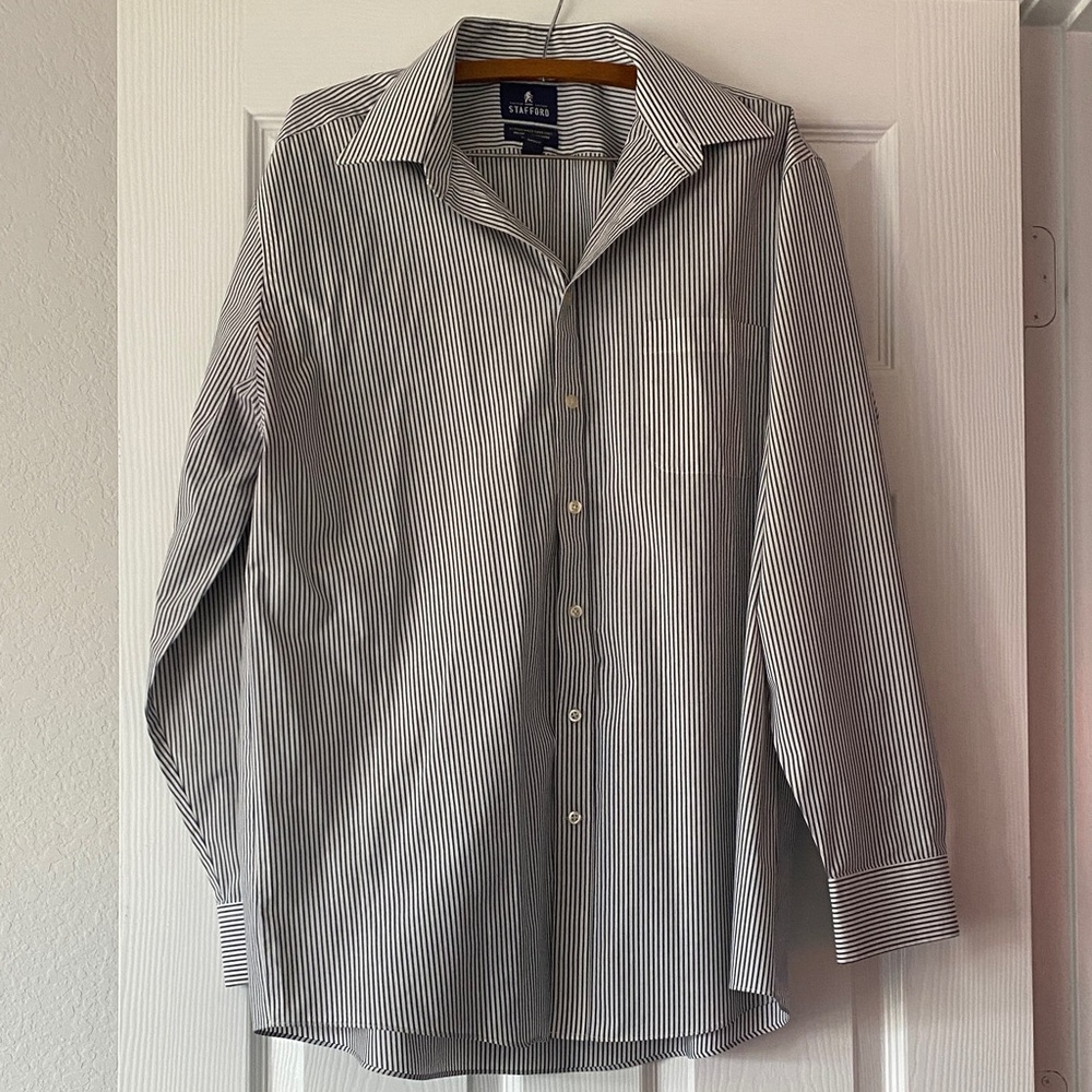 Stafford Black and White Striped Dress Shirt